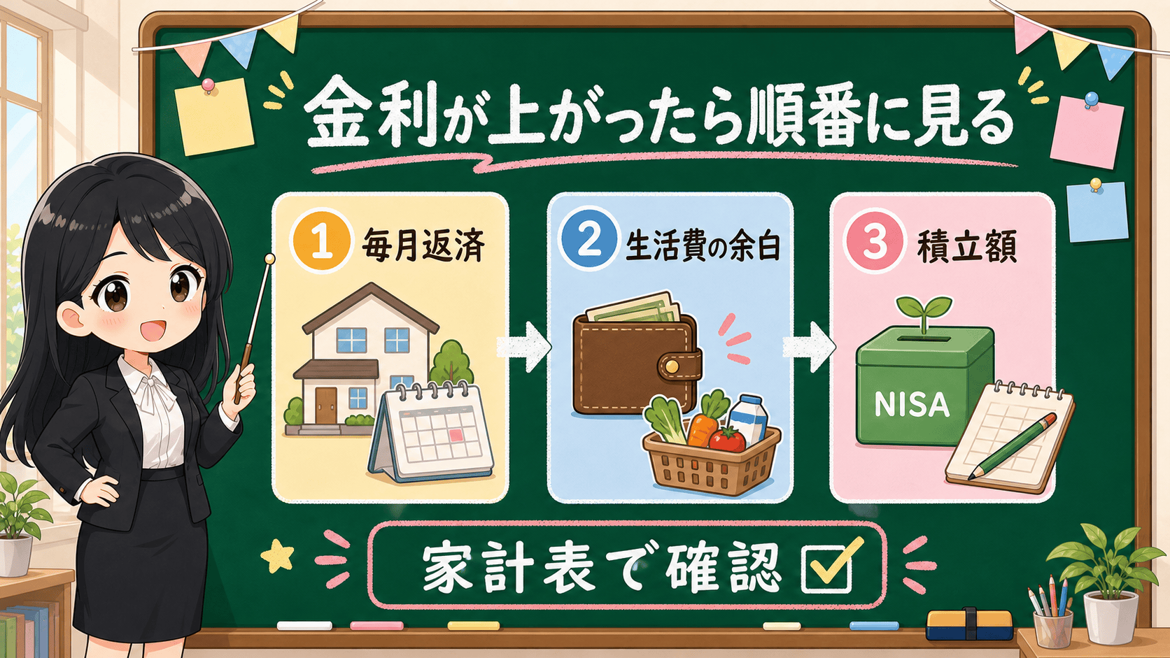 せかい先生が金利上昇時に毎月返済、生活費の余白、NISA積立額の順番で確認する図解