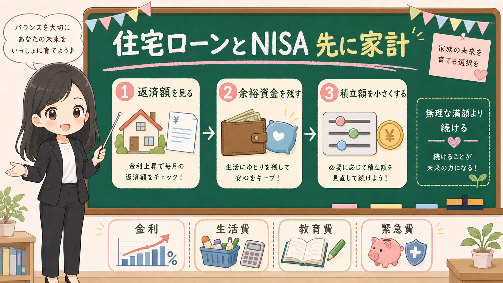 せかい先生が黒板で返済額、現金の余裕、積立を調整の順番を説明する図解