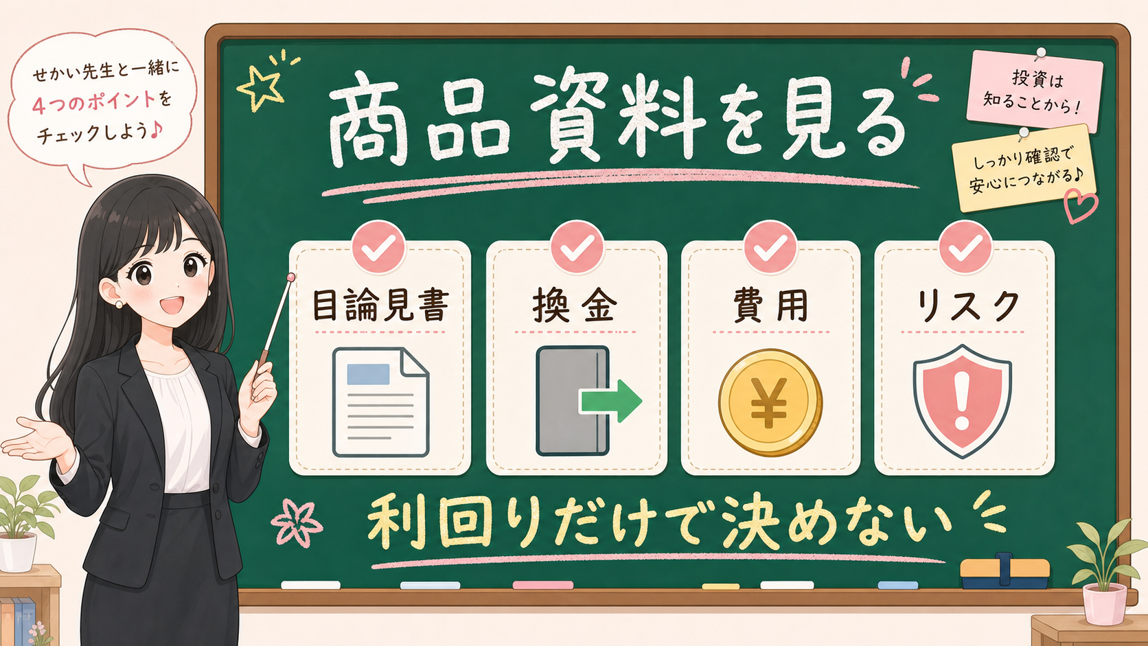 せかい先生が黒板でMRFやMMFを見る前に目論見書、換金、費用、リスクを確認する図解