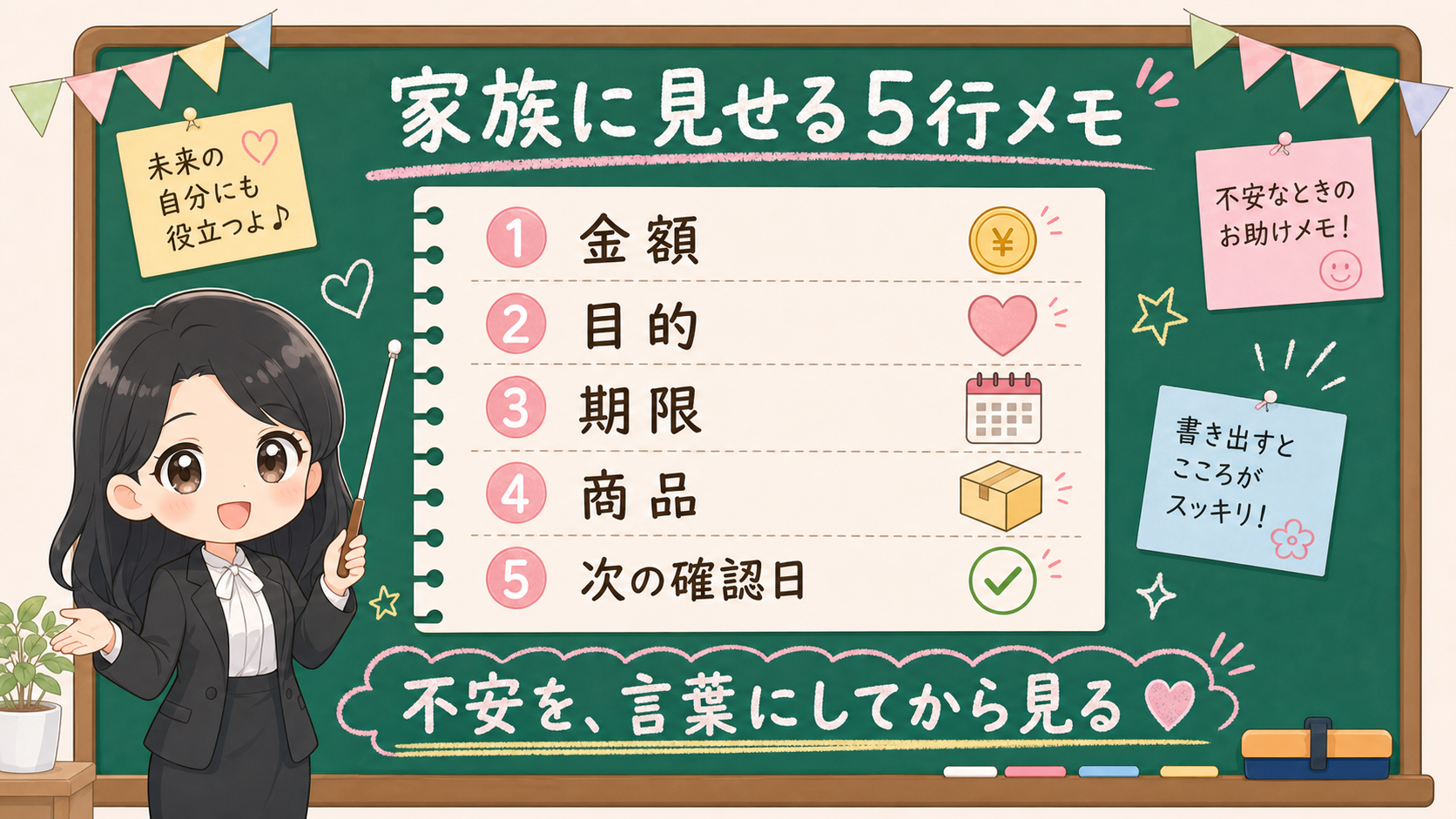 せかい先生が黒板で家族に見せる5行メモ、金額、目的、期限、商品、次の確認日を説明する図解