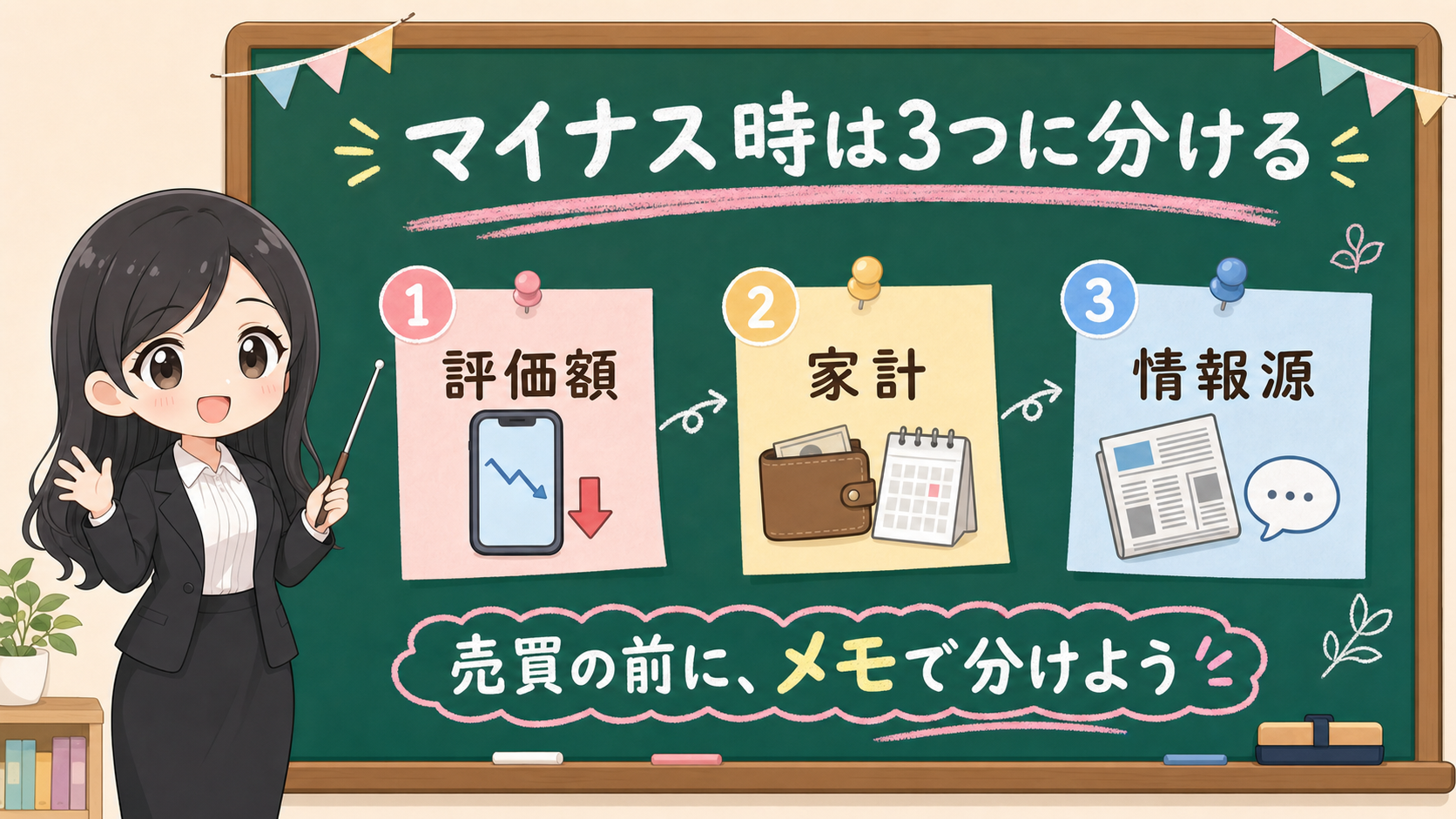 せかい先生が黒板でNISA評価額がマイナスの時は評価額、家計、情報源の3つに分けると説明する図解