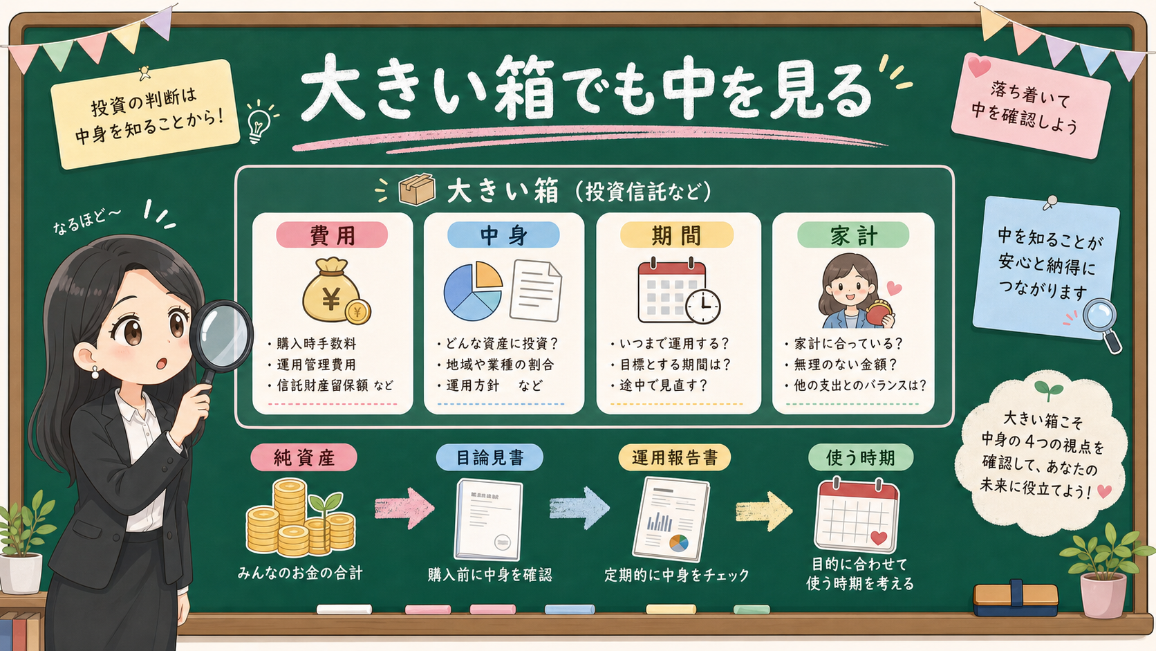 せかい先生が黒板で大きい箱でも費用、中身、期間、家計を見ると説明する図解