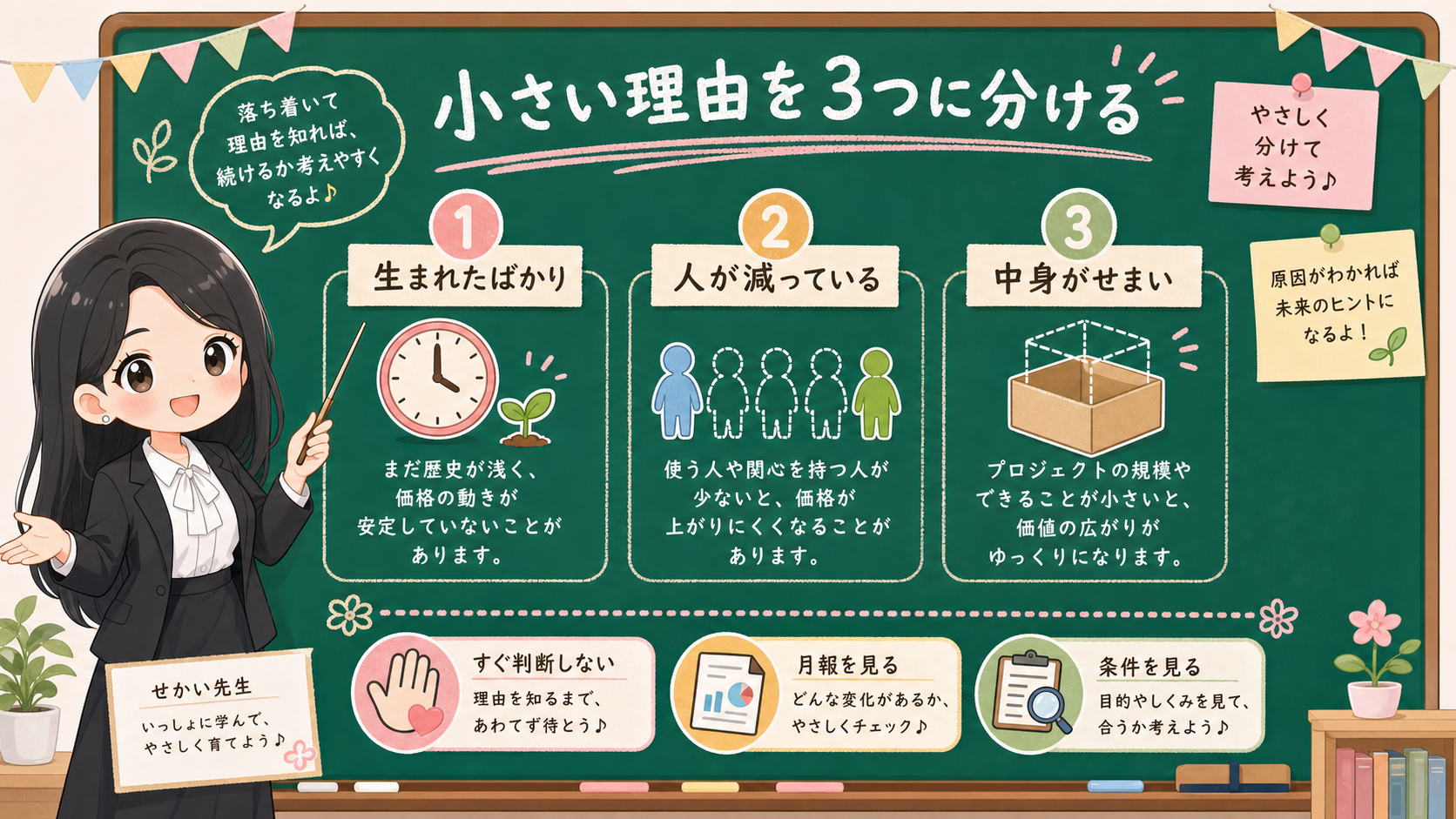 せかい先生が黒板で純資産総額が小さい理由を生まれたばかり、人が減っている、中身がせまいに分ける図解