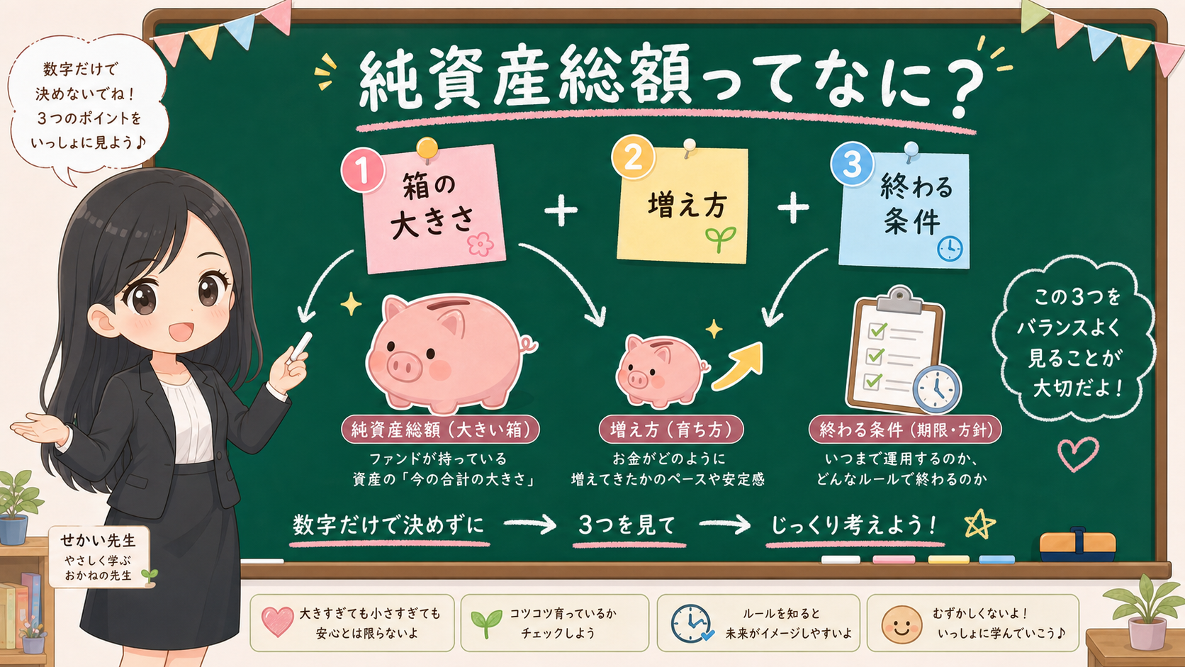 せかい先生が黒板で純資産総額を箱の大きさ、増え方、終わる条件の3つに分けて説明する図解