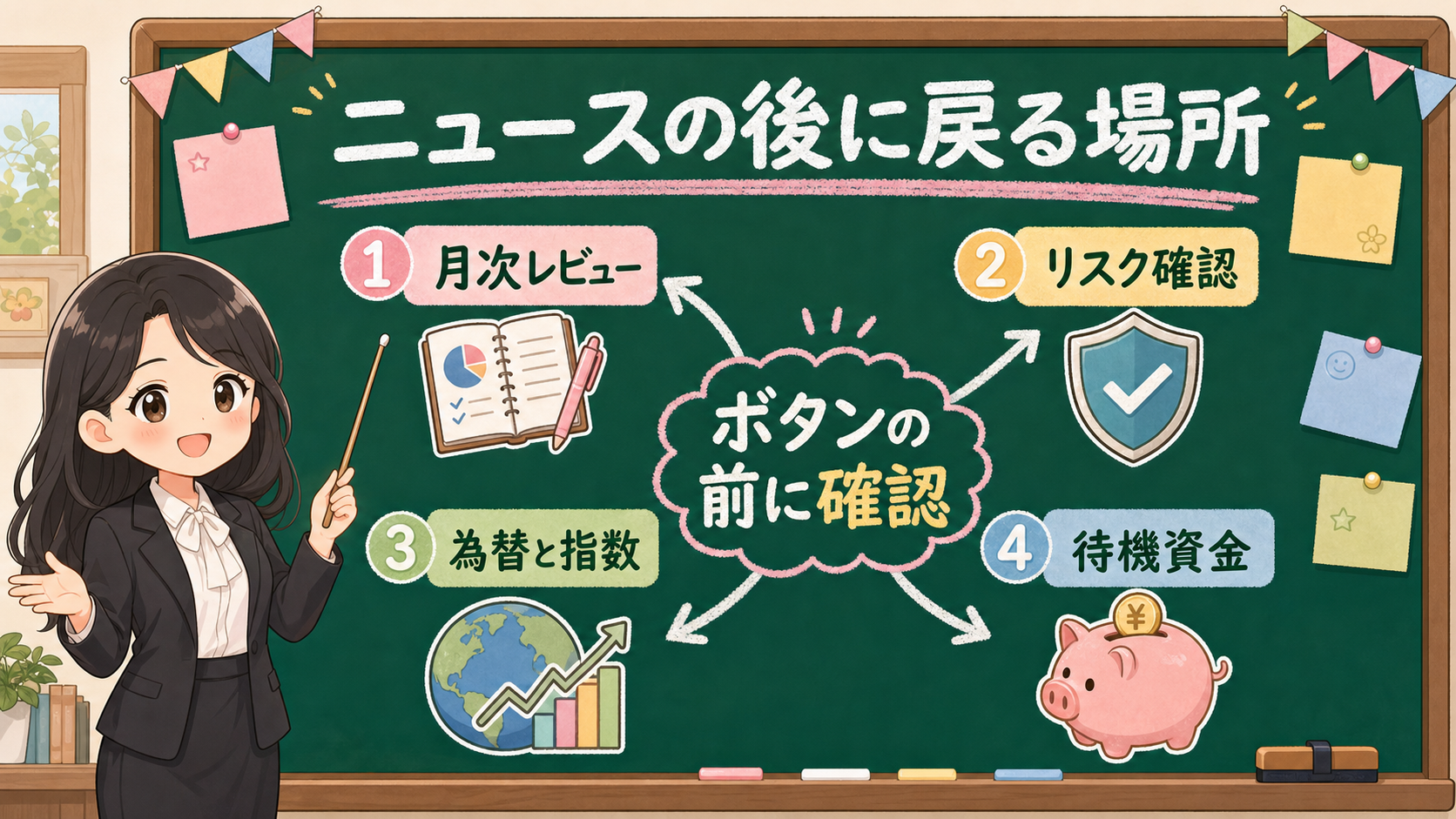 せかい先生が黒板でニュースの後に月次レビュー、リスク確認、為替と指数、待機資金へ戻る場所を示す図解