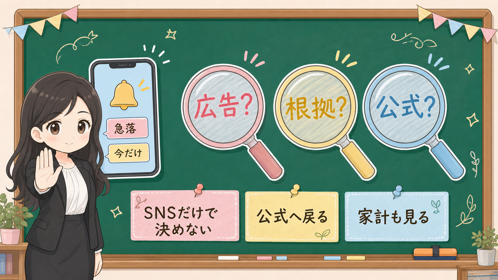 せかい先生が黒板でSNS投稿を広告、根拠、公式の3つの虫眼鏡で見る図解