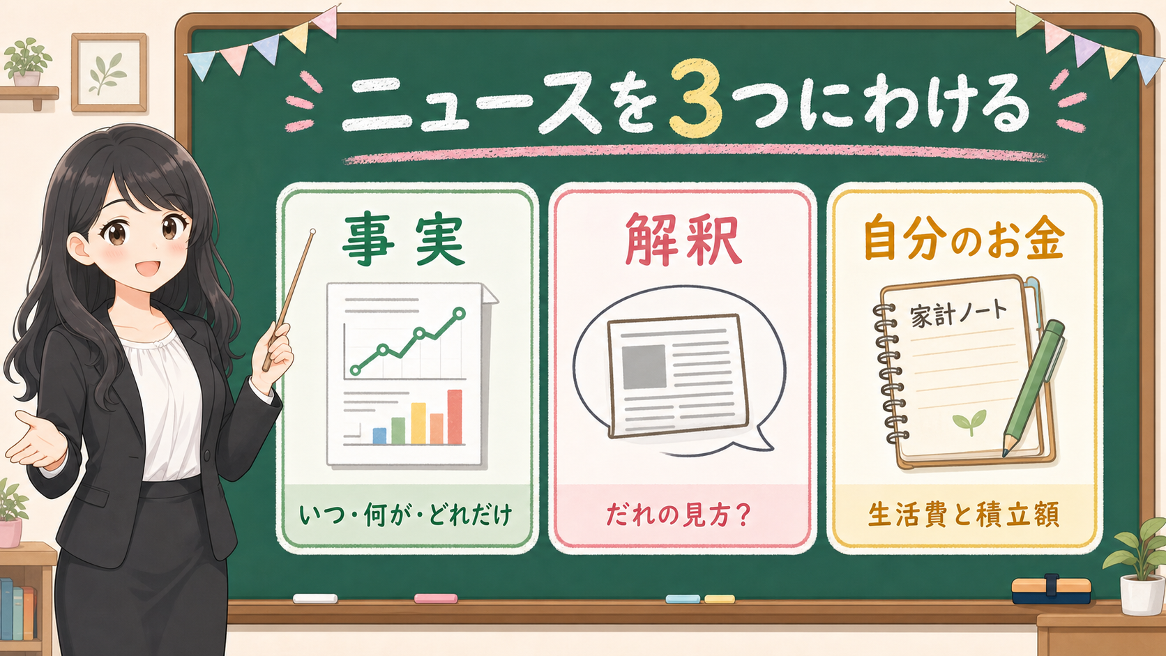 せかい先生が黒板で下落ニュースを事実、解釈、自分のお金の3つに分ける図解