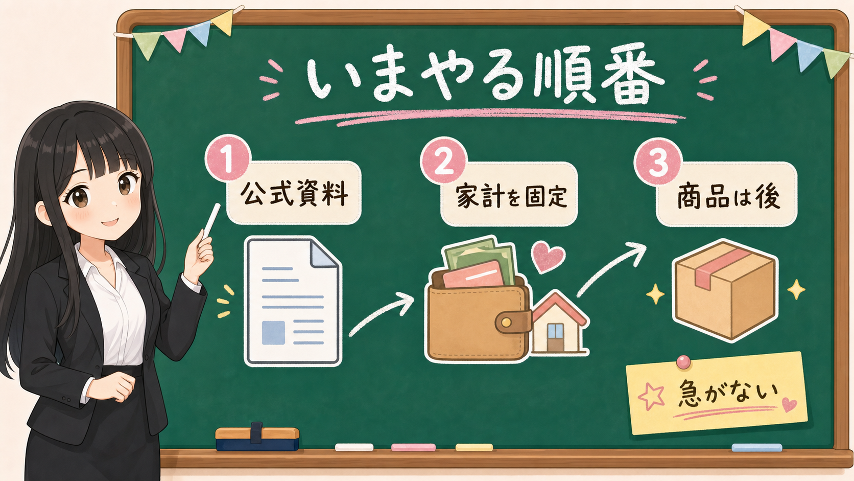 せかい先生が黒板で2027年NISA変更に対して、公式資料を見る、家計を固定、商品は後で確認の順番を説明する図解