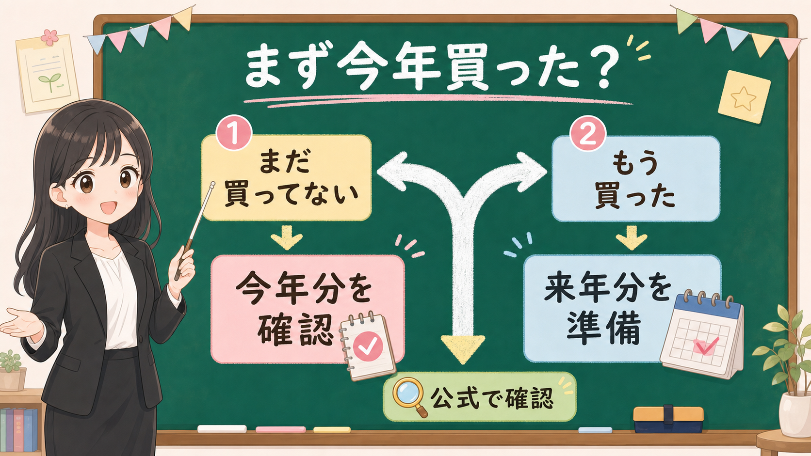 せかい先生が黒板でNISA口座変更の前に今年買ったかを確認する分岐を説明している図解