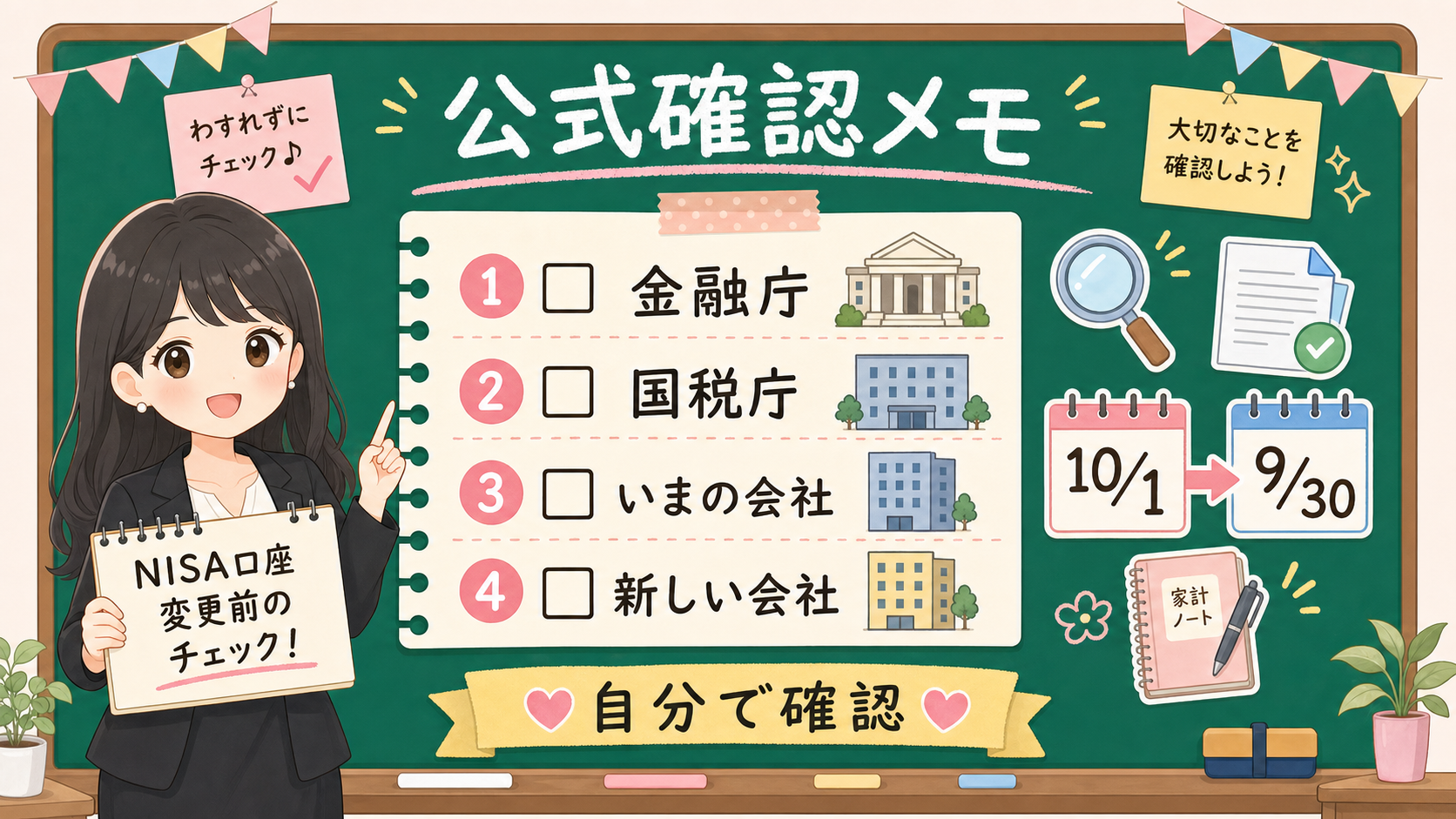 せかい先生が金融庁、国税庁、いまの会社、新しい会社を確認する公式確認メモを示している黒板図解