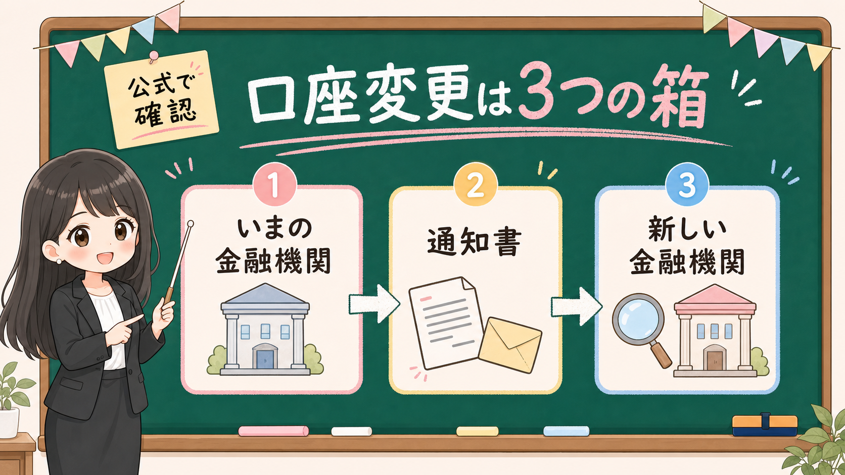 せかい先生がいまの金融機関、通知書、新しい金融機関の3つの箱でNISA口座変更を説明している図解