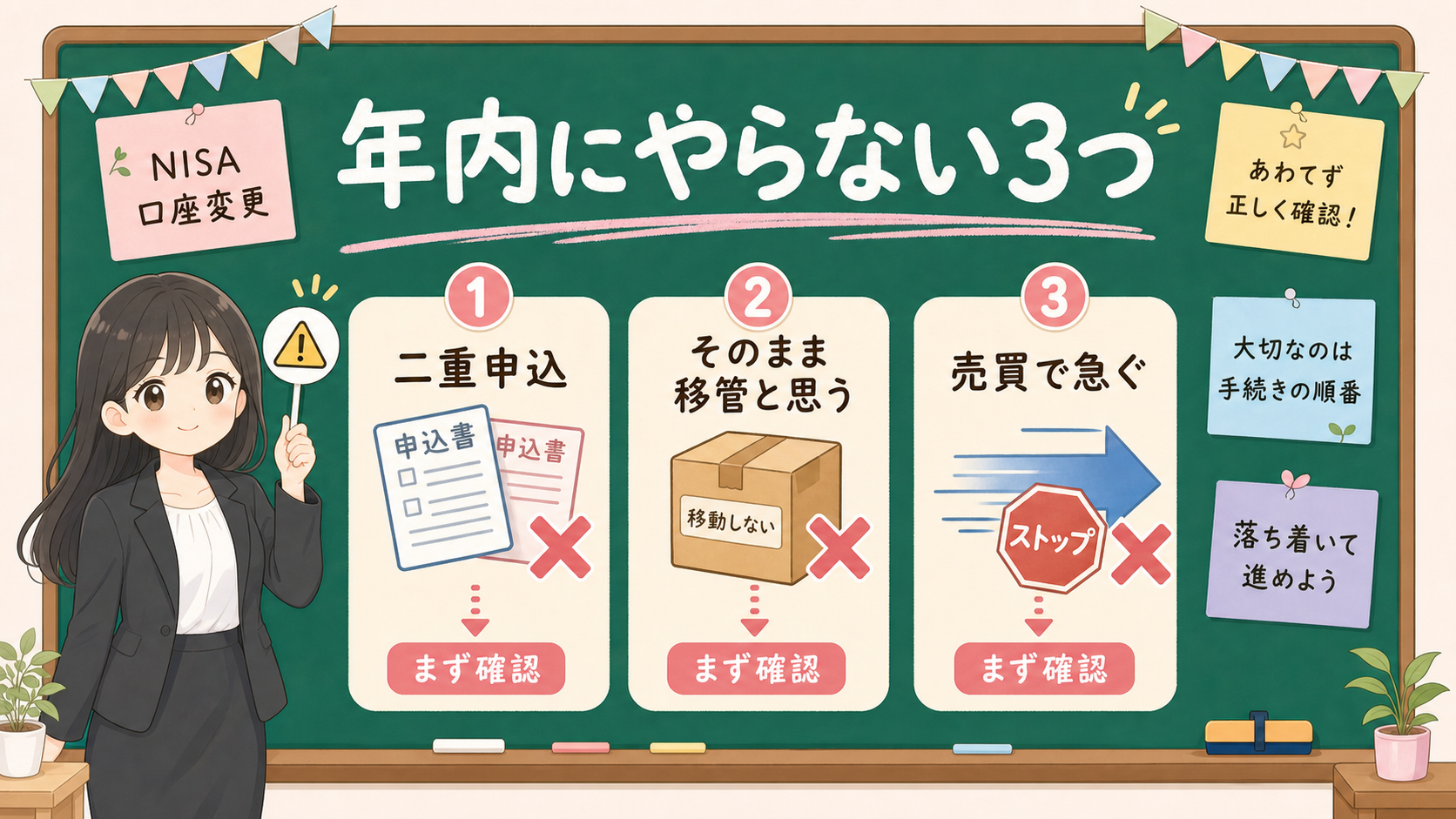 せかい先生がNISA口座変更で年内にやらない3つを黒板で説明している図解