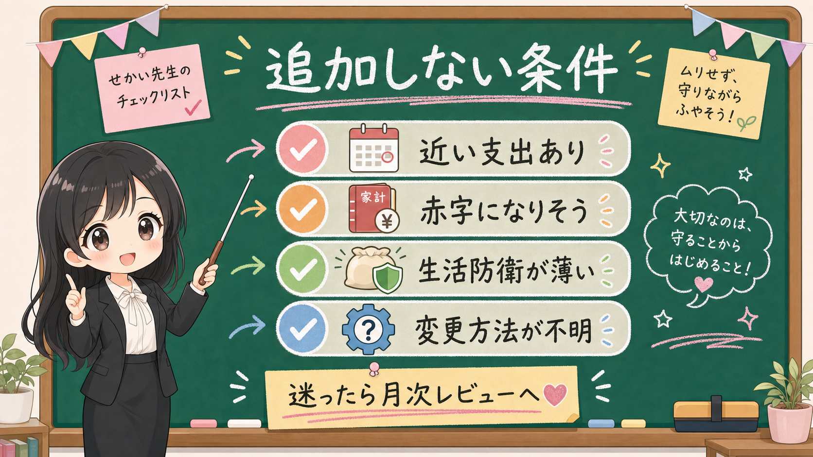 せかい先生が近い支出、赤字になりそう、生活防衛が薄い、変更方法が不明なら追加しない条件を説明する黒板図解
