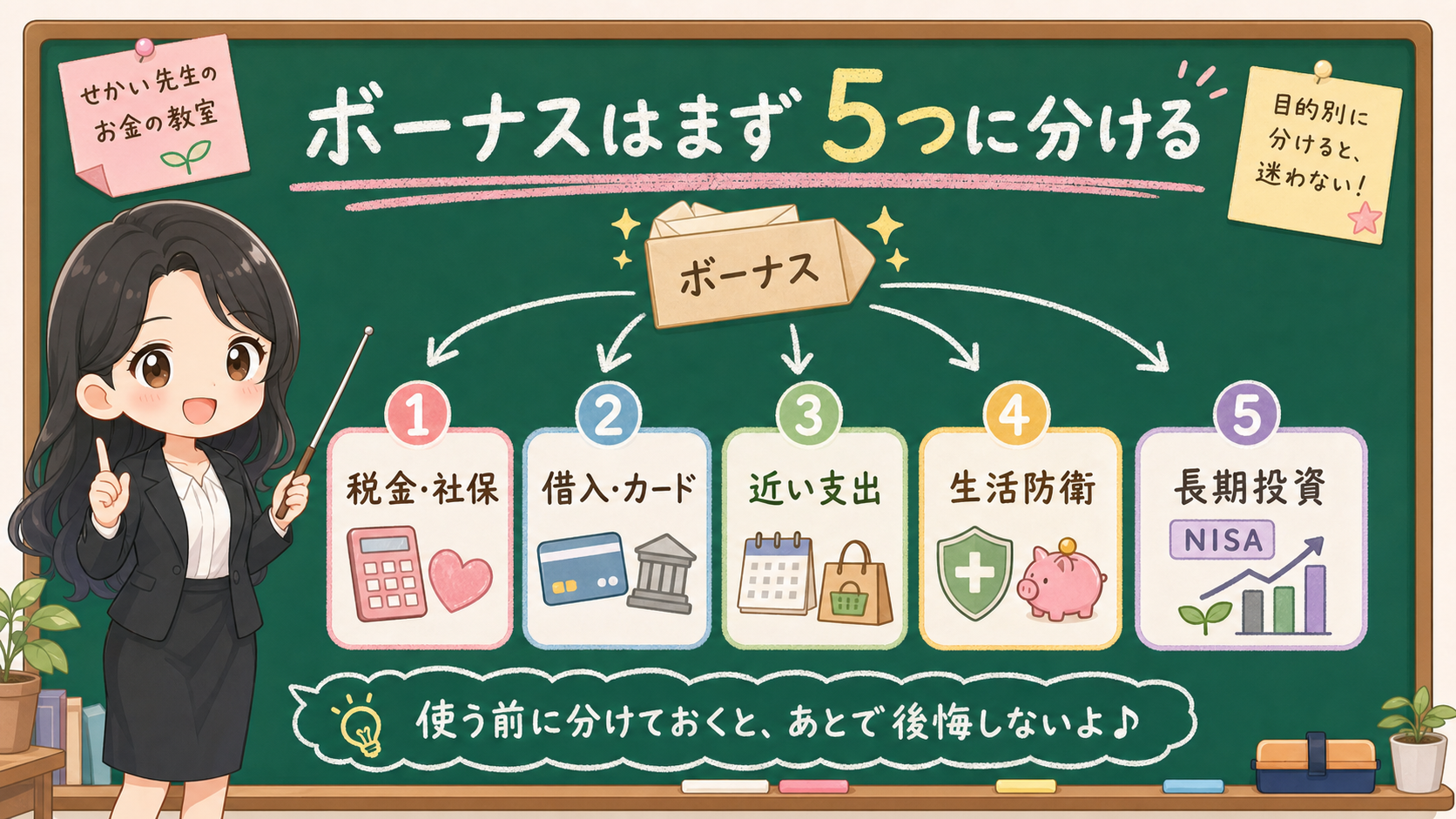 せかい先生がボーナスを税金・社保、借入・カード、近い支出、生活防衛、長期投資の5箱に分ける黒板図解