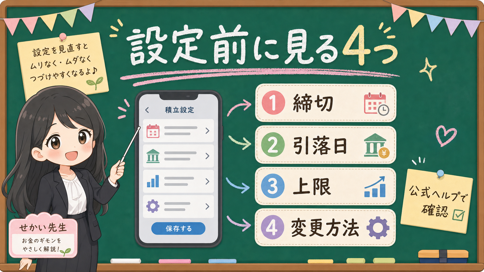 せかい先生がボーナス設定前に締切、引落日、上限、変更方法を公式ヘルプで見るよう説明する黒板図解