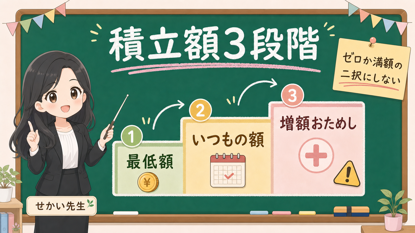 せかい先生が黒板でNISA積立額を最低額、いつもの額、増額おためしの3段階に分ける図解