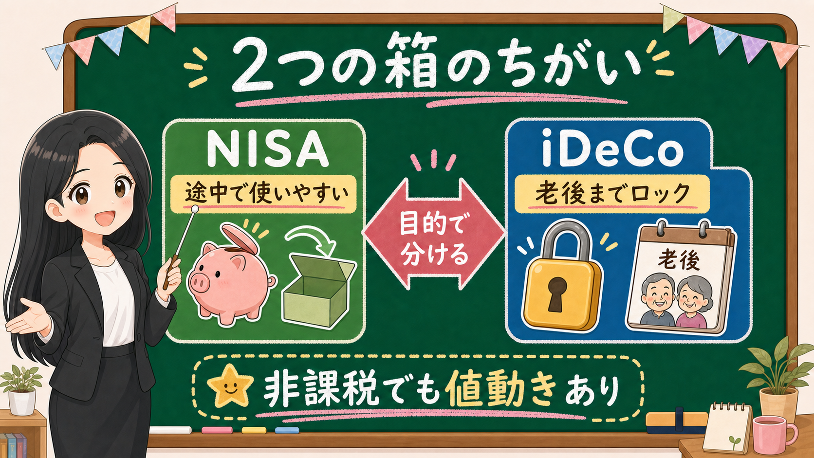 せかい先生が黒板でNISAは途中で使いやすい箱、iDeCoは老後までロックされる箱として違いを説明する図解