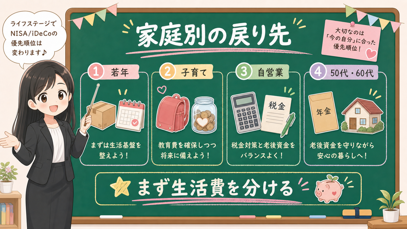 せかい先生が黒板で若年層、子育て、フリーランス、50代60代のNISAとiDeCoの戻り先を説明する図解