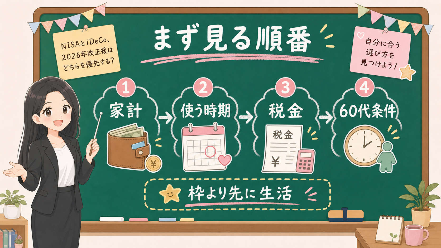 せかい先生が黒板でNISAとiDeCoの優先順位を家計、使う時期、税金、60代条件に分けて説明する図解
