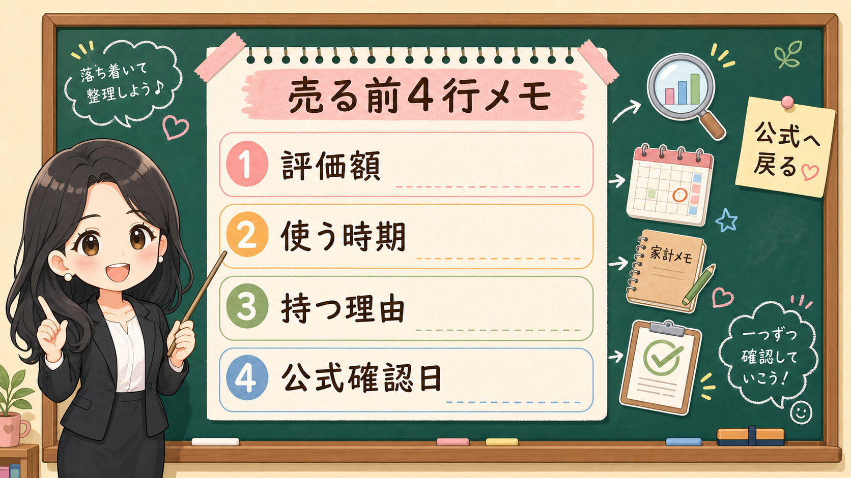 せかい先生が黒板で、売る前4行メモとして評価額、使う時期、持つ理由、公式確認日を示す図解