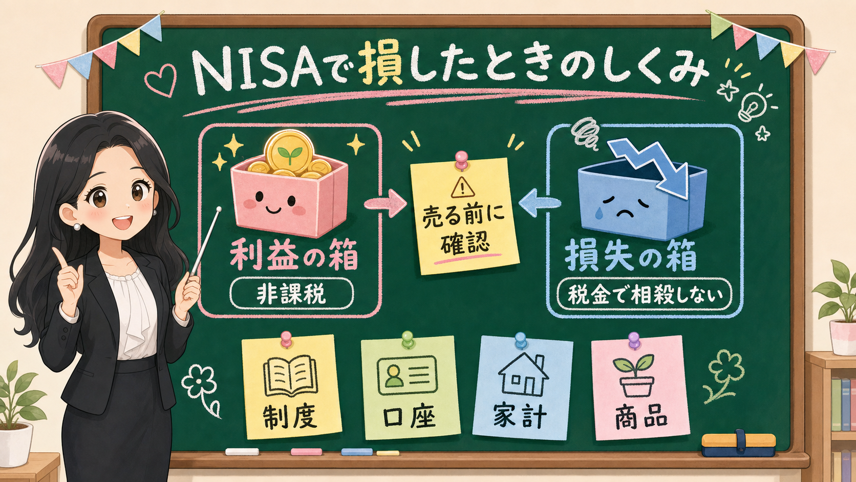 せかい先生が黒板で、NISAの利益の非課税箱と損失の箱を分け、税金で相殺しないことを説明する図解