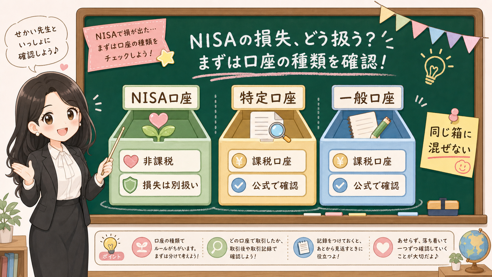 せかい先生が黒板で、NISA口座、特定口座、一般口座を3つの引き出しに分けて説明する図解