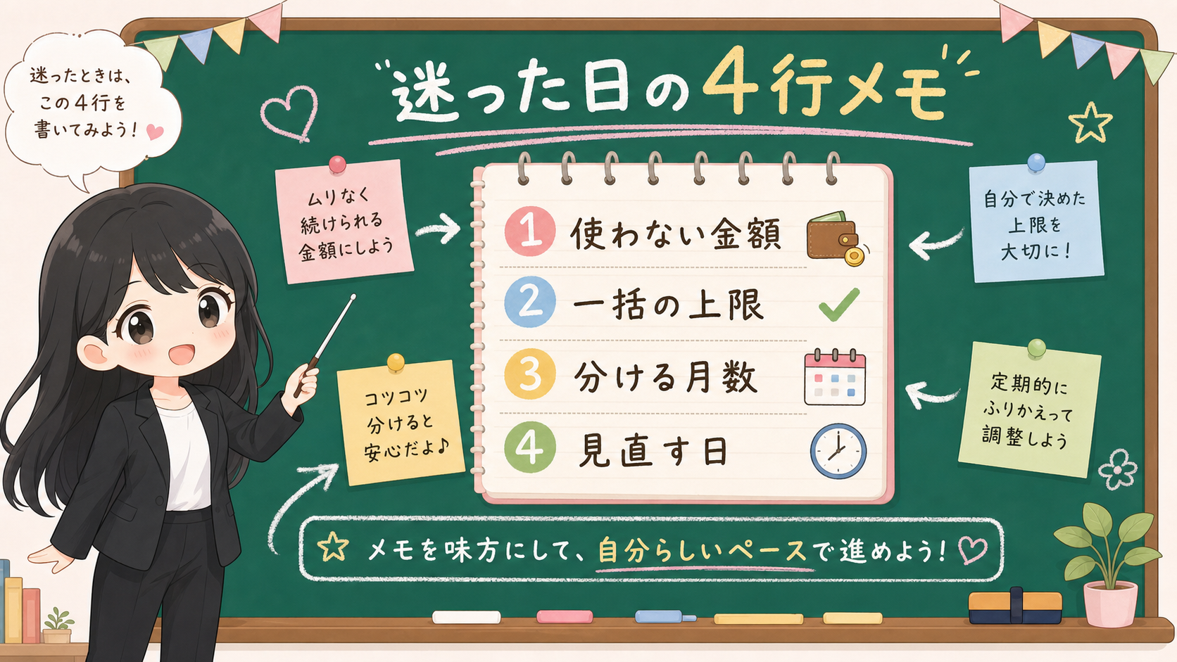 せかい先生が黒板で迷った日の4行メモとして、使わない金額、一括の上限、分ける月数、見直す日を説明する図解