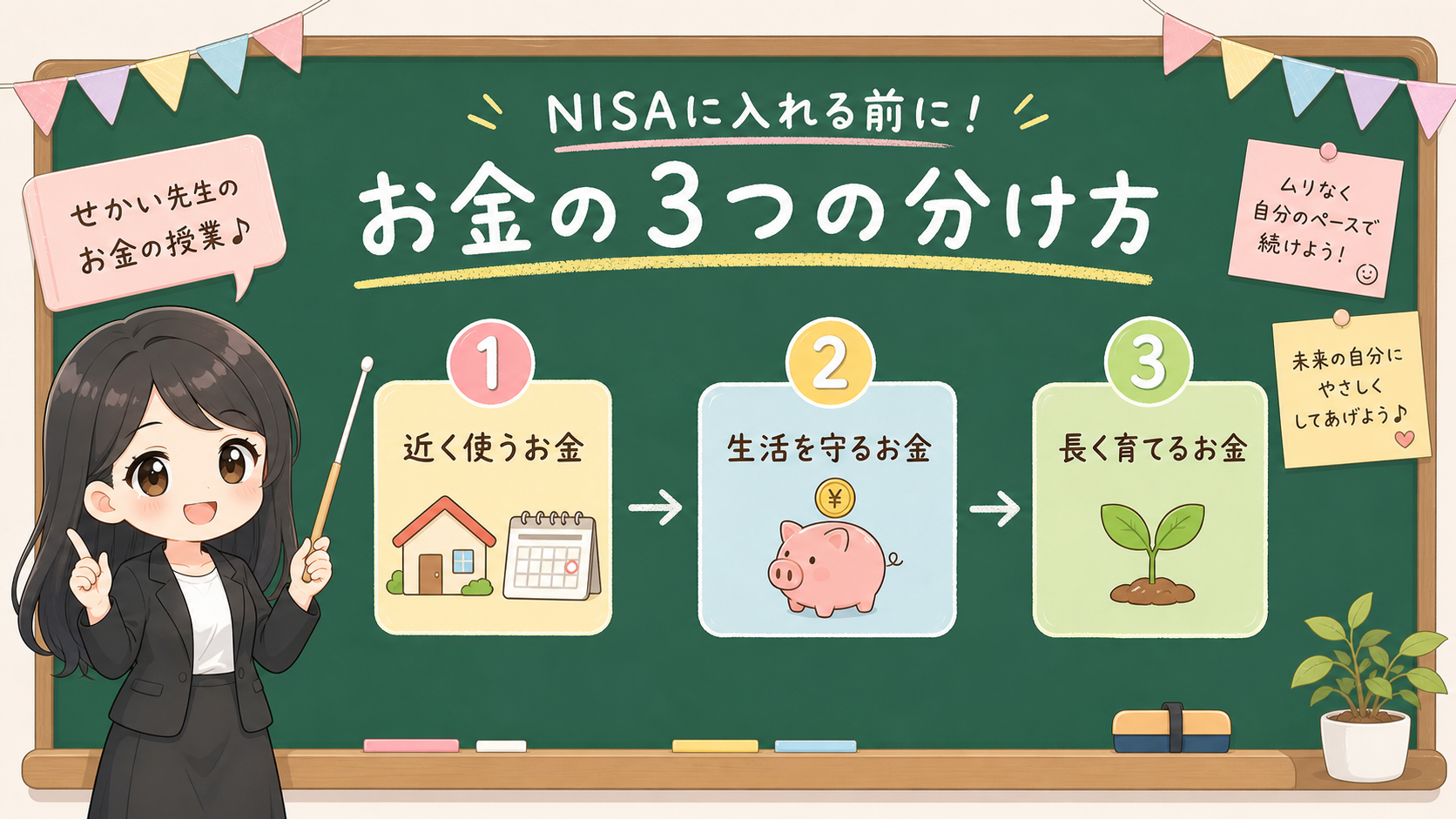 せかい先生が黒板でNISAの前に近く使うお金、生活を守るお金、長く育てるお金を分ける図解