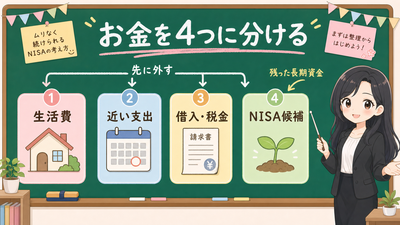 せかい先生が黒板で生活費、近い支出、借入・税金、NISA候補の4箱を説明する図解