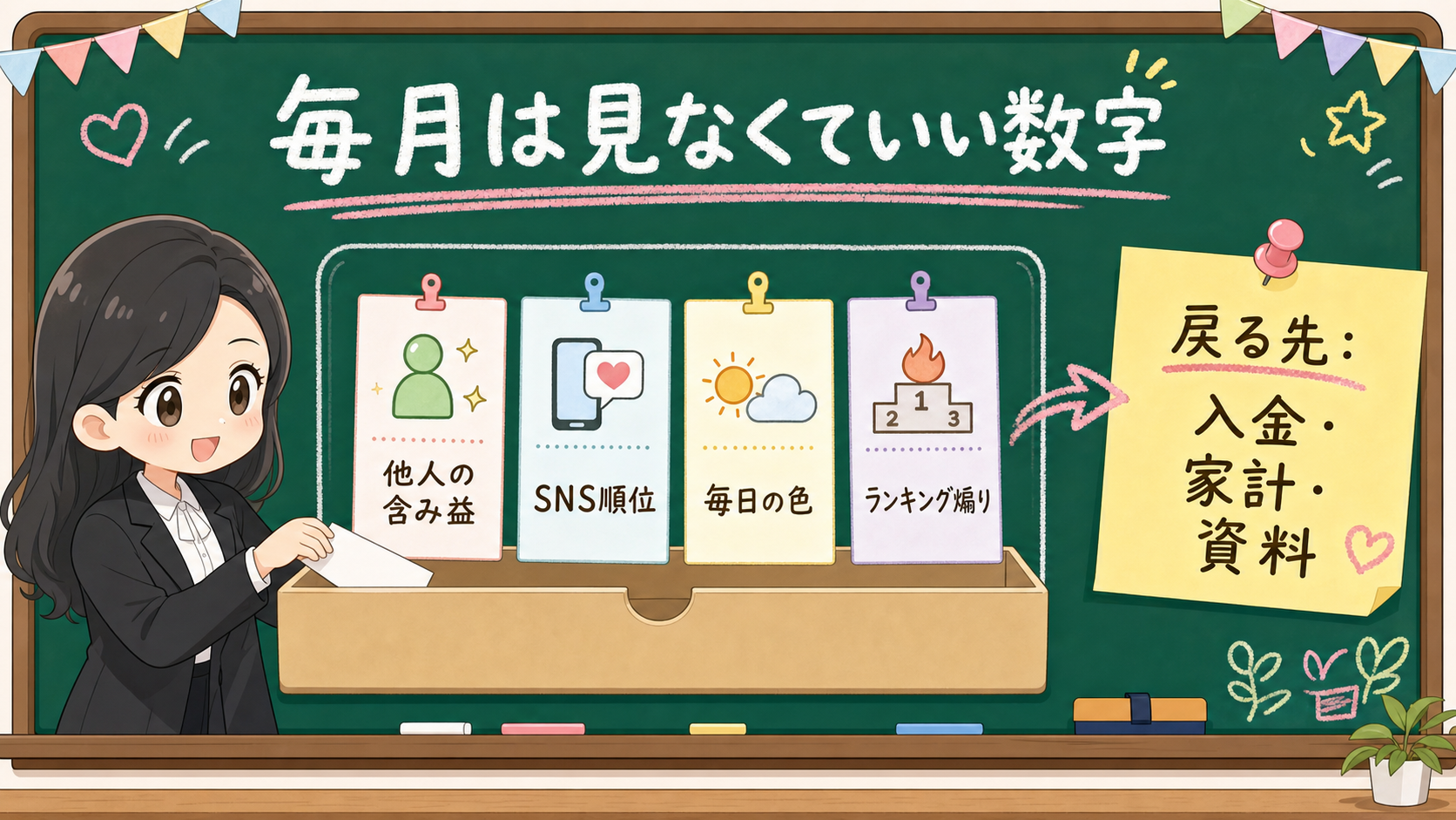せかい先生が黒板で他人の含み益、SNS順位、毎日の色、ランキング煽りをしまい、入金、家計、資料へ戻ることを説明する図解