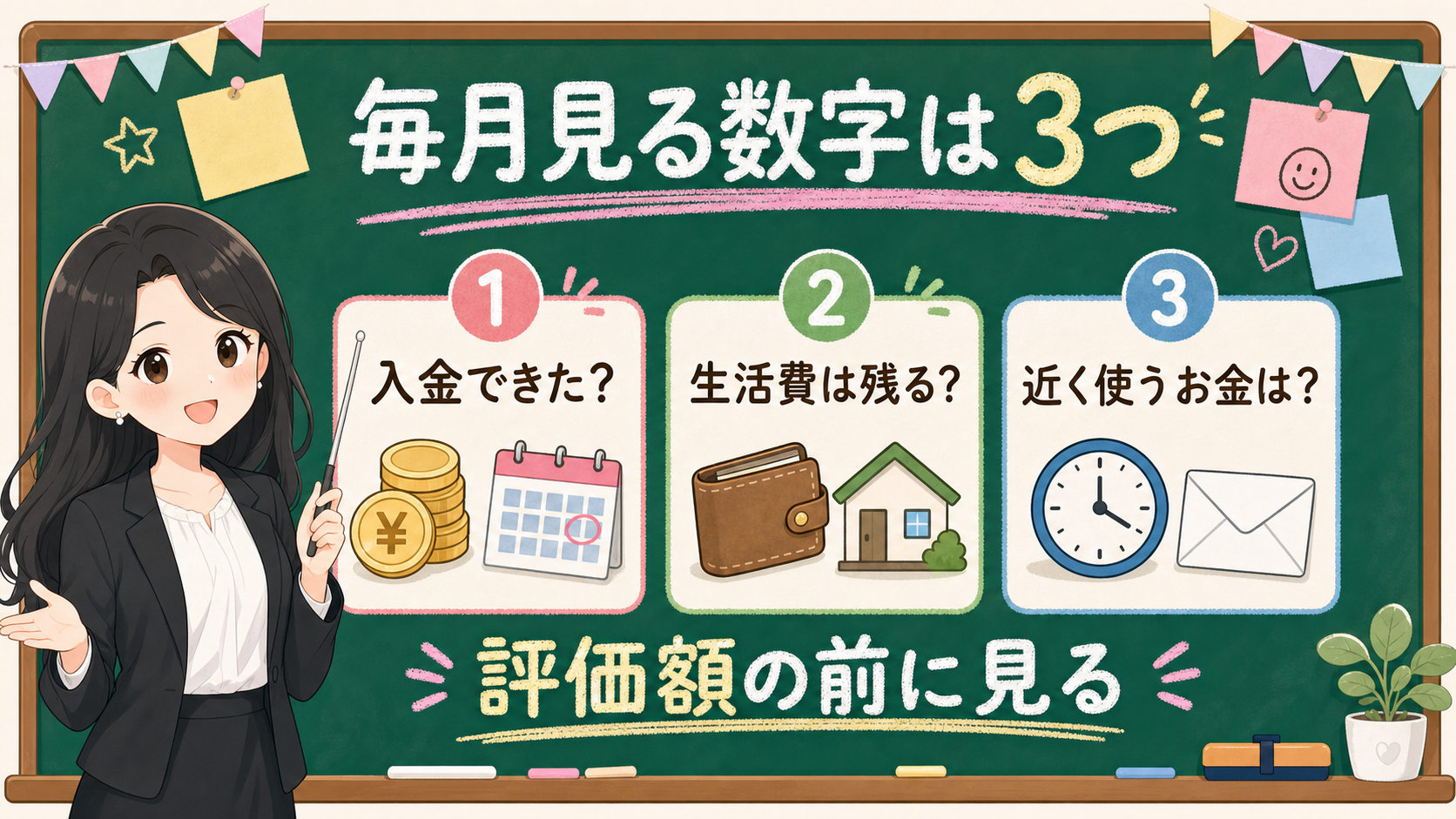 せかい先生が黒板でNISA開始後に毎月見る入金、生活費、近い支出の3つの箱を説明する図解