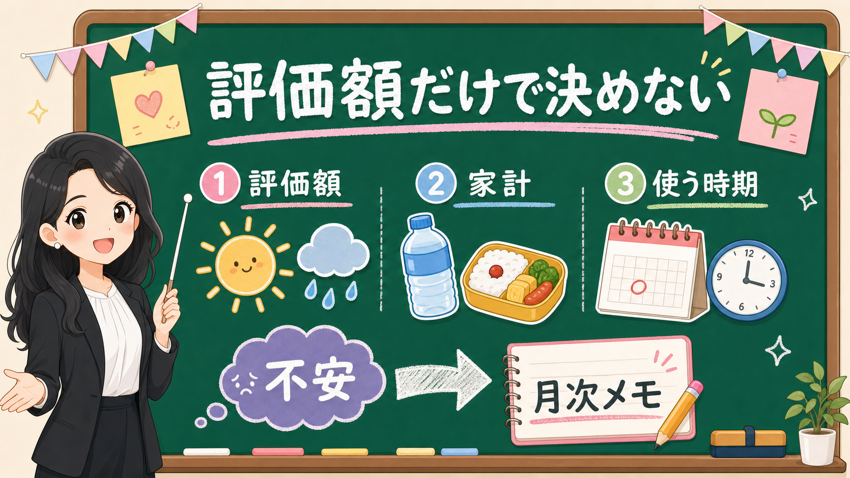 せかい先生が黒板で評価額、家計、使う時期を分け、評価額だけで決めないことを説明する図解