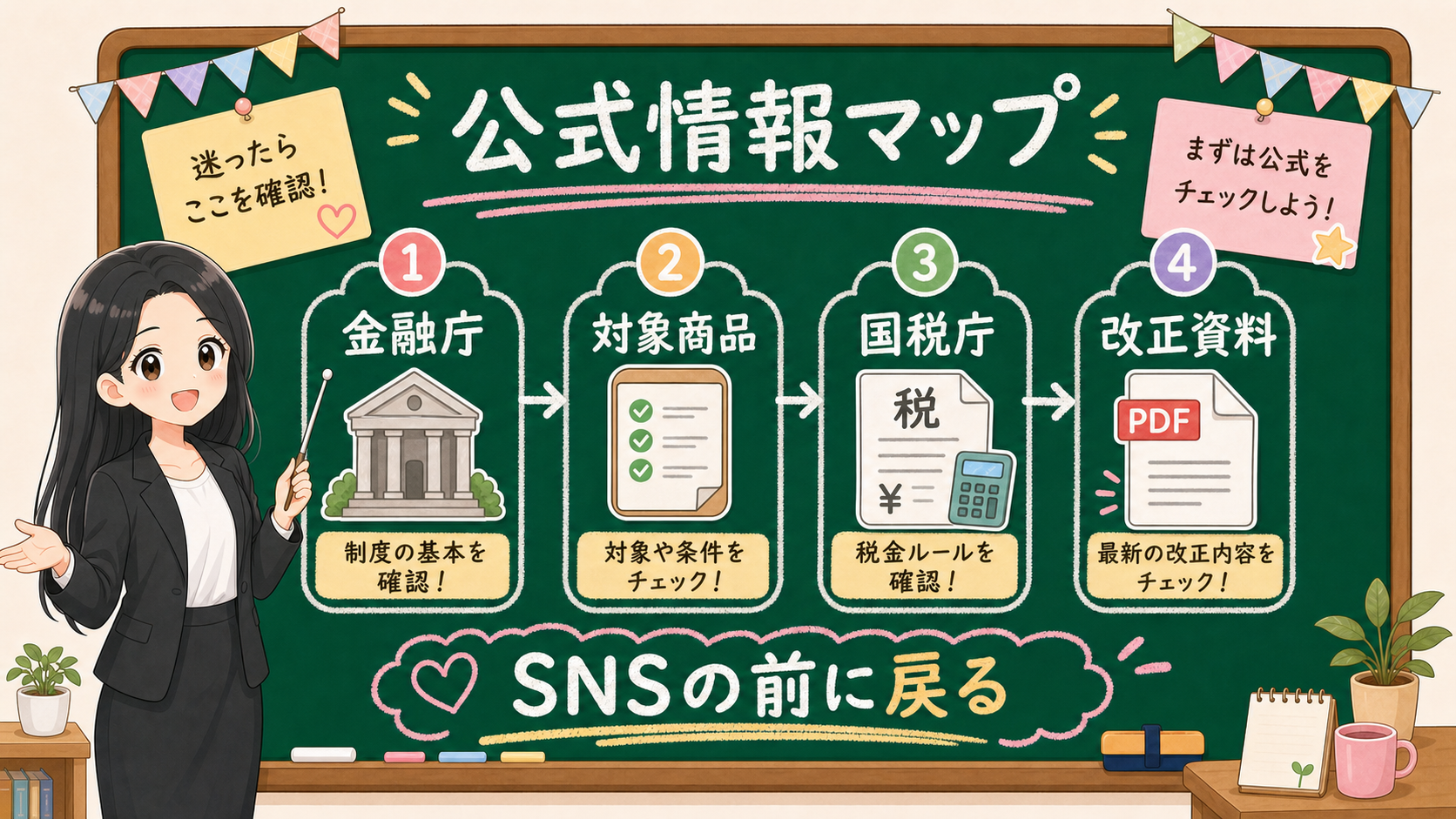 せかい先生が黒板で新NISAの公式情報マップを金融庁、対象商品、国税庁、改正資料に分けて説明する図解