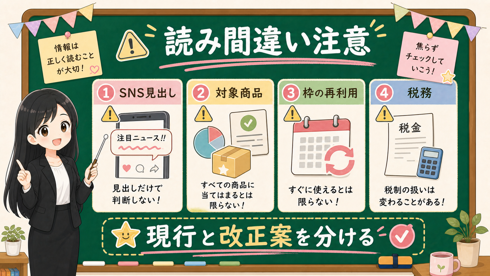 せかい先生が黒板でNISA情報の読み間違いをSNS、商品リスト、改正案、税務に分けて説明する図解