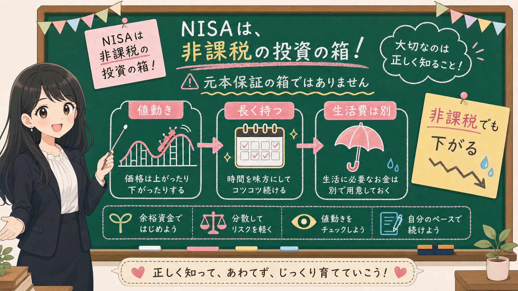 せかい先生が黒板でNISAは非課税でも値動きがあり、長く持つ、生活費は別にすることを説明する図解