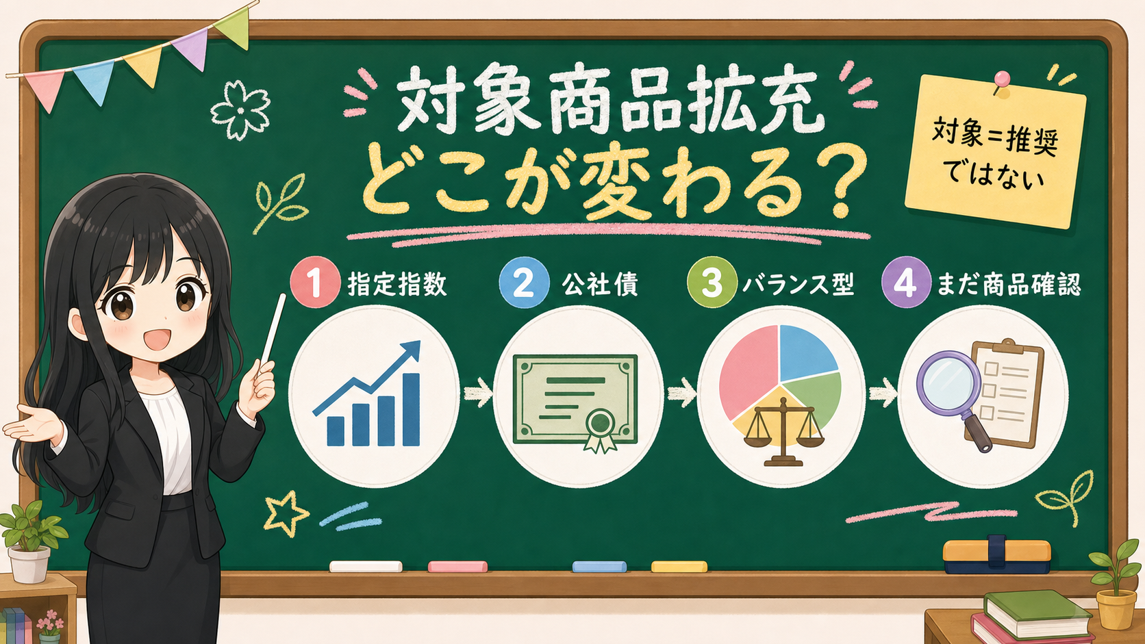 せかい先生が黒板でNISA対象商品拡充を指定指数、公社債、バランス型、商品確認に分けて説明する図解
