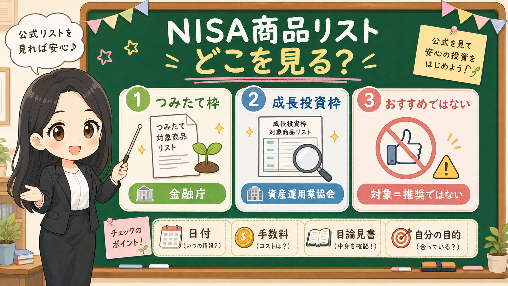 せかい先生が黒板で公式リスト、つみたて枠、成長枠、中身を見る順番を説明する図解