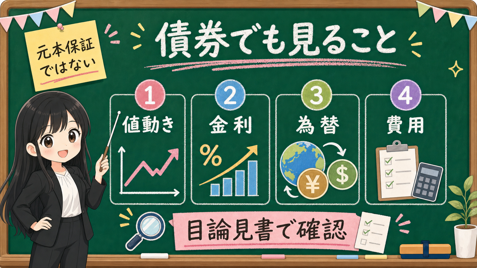 せかい先生が黒板で債券でも見ることとして値動き、金利、為替、費用を説明する図解