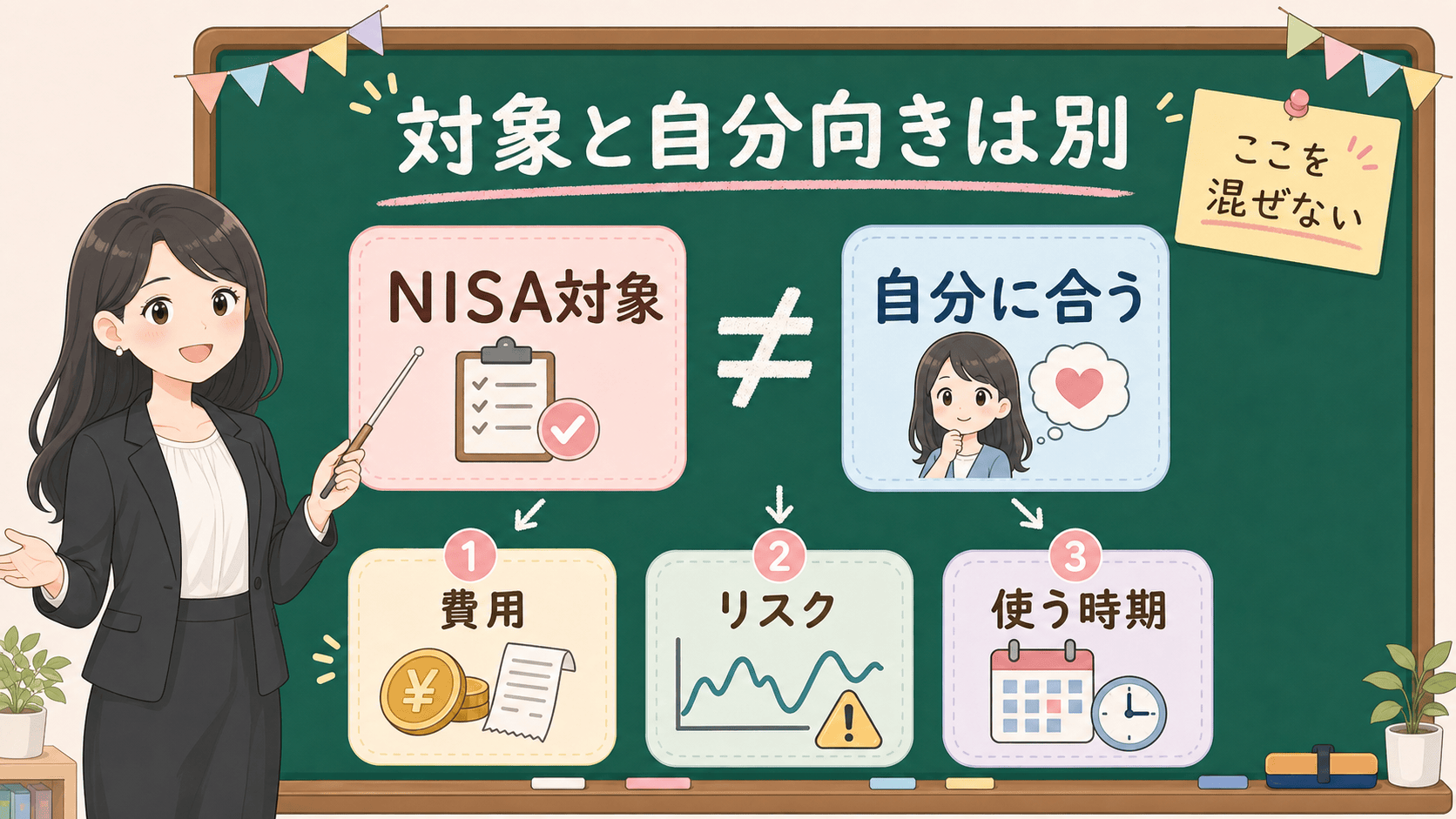 せかい先生がNISA対象と自分に合うは同じではないと黒板で説明する図解
