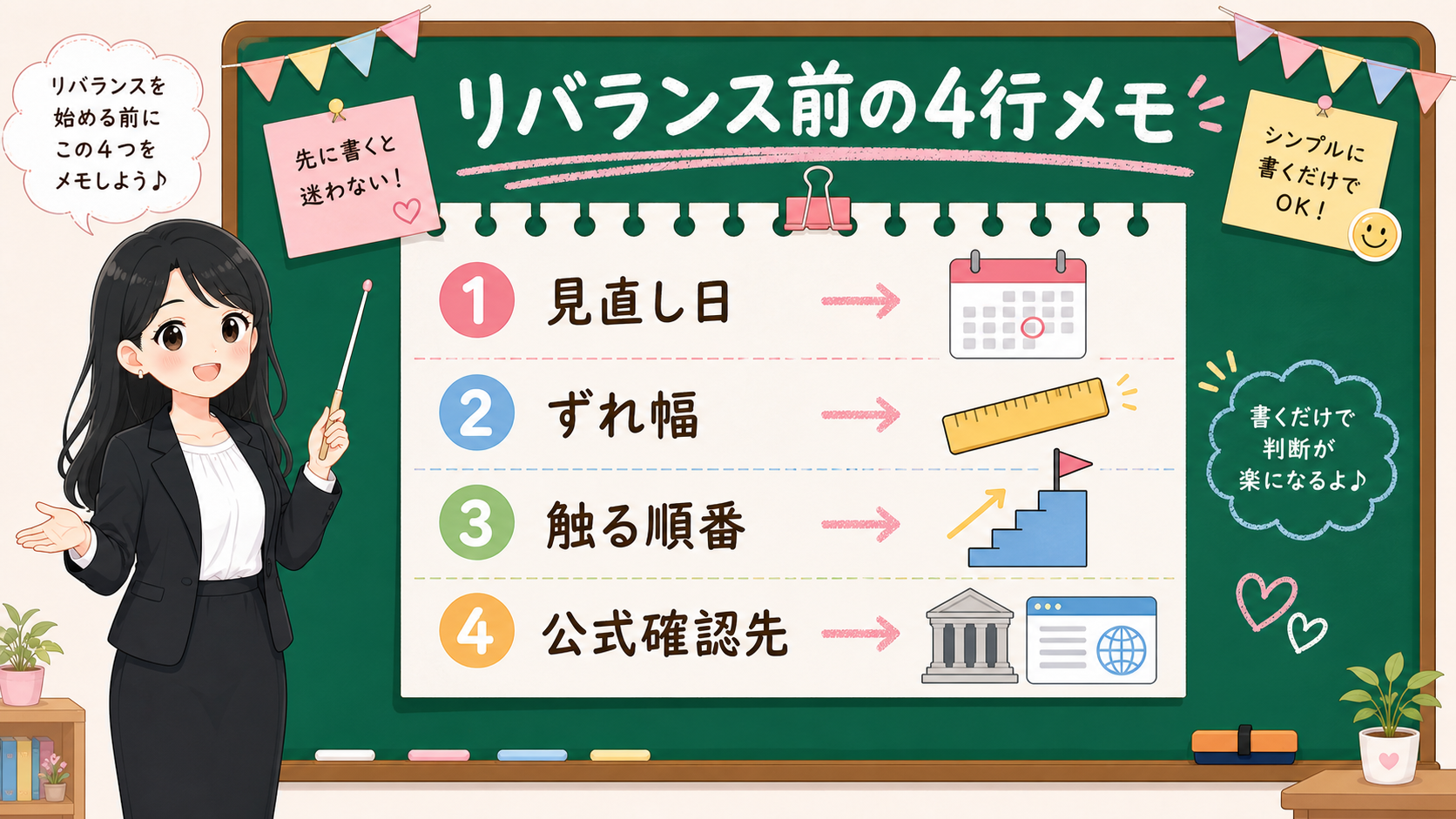 せかい先生が黒板でリバランス前の4行メモ、見直し日、ずれ幅、触る順番、公式確認先を説明する図解