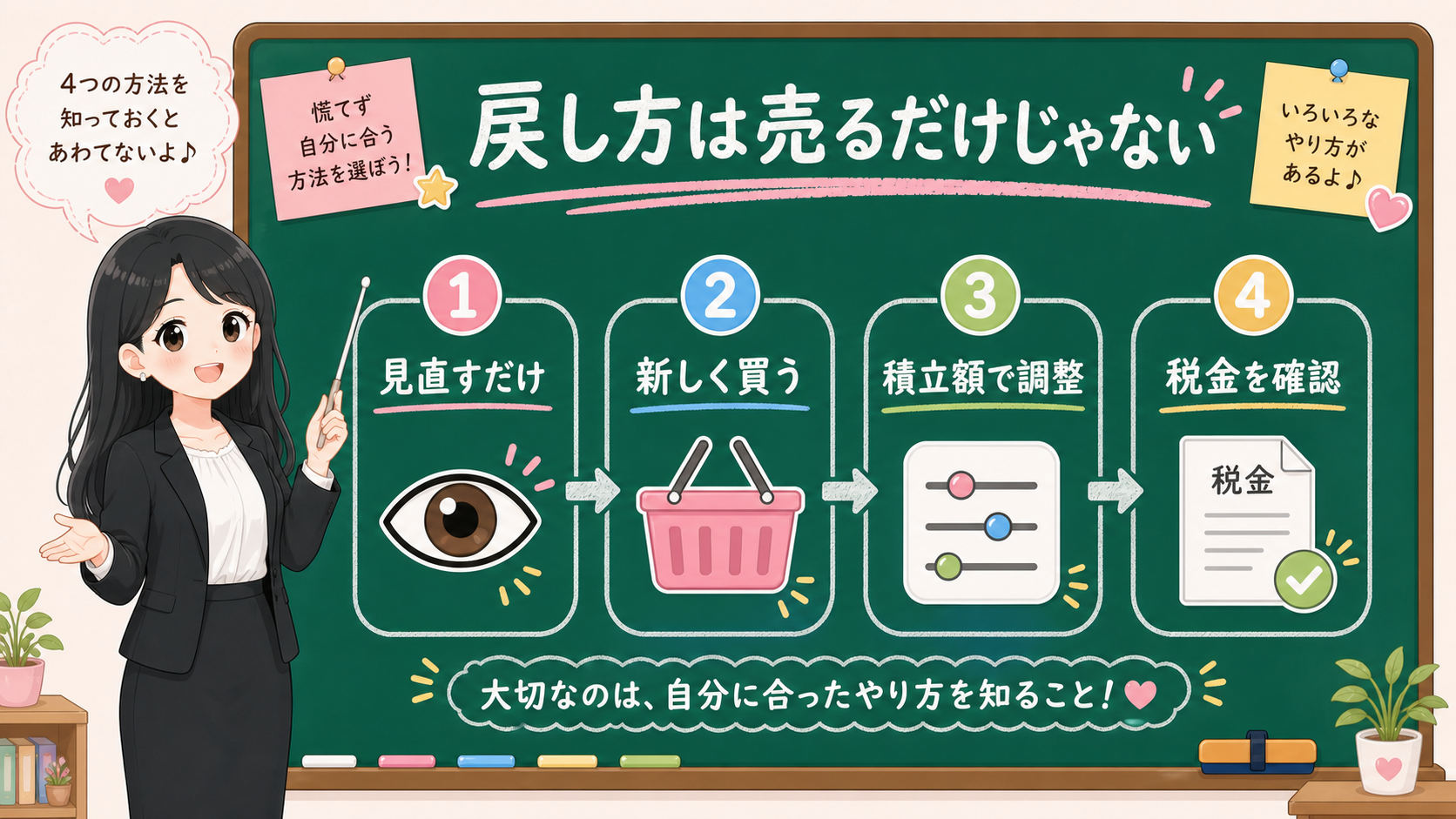 せかい先生が黒板でリバランスの戻し方は見直すだけ、新しく買う、積立額で調整、税金を確認の4つに分かれると説明する図解