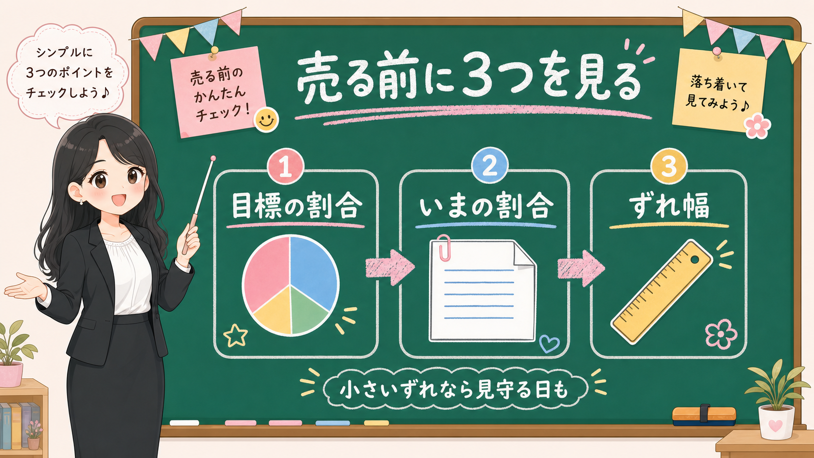 せかい先生が黒板でリバランス前に目標の割合、いまの割合、ずれ幅を見ることを説明する図解