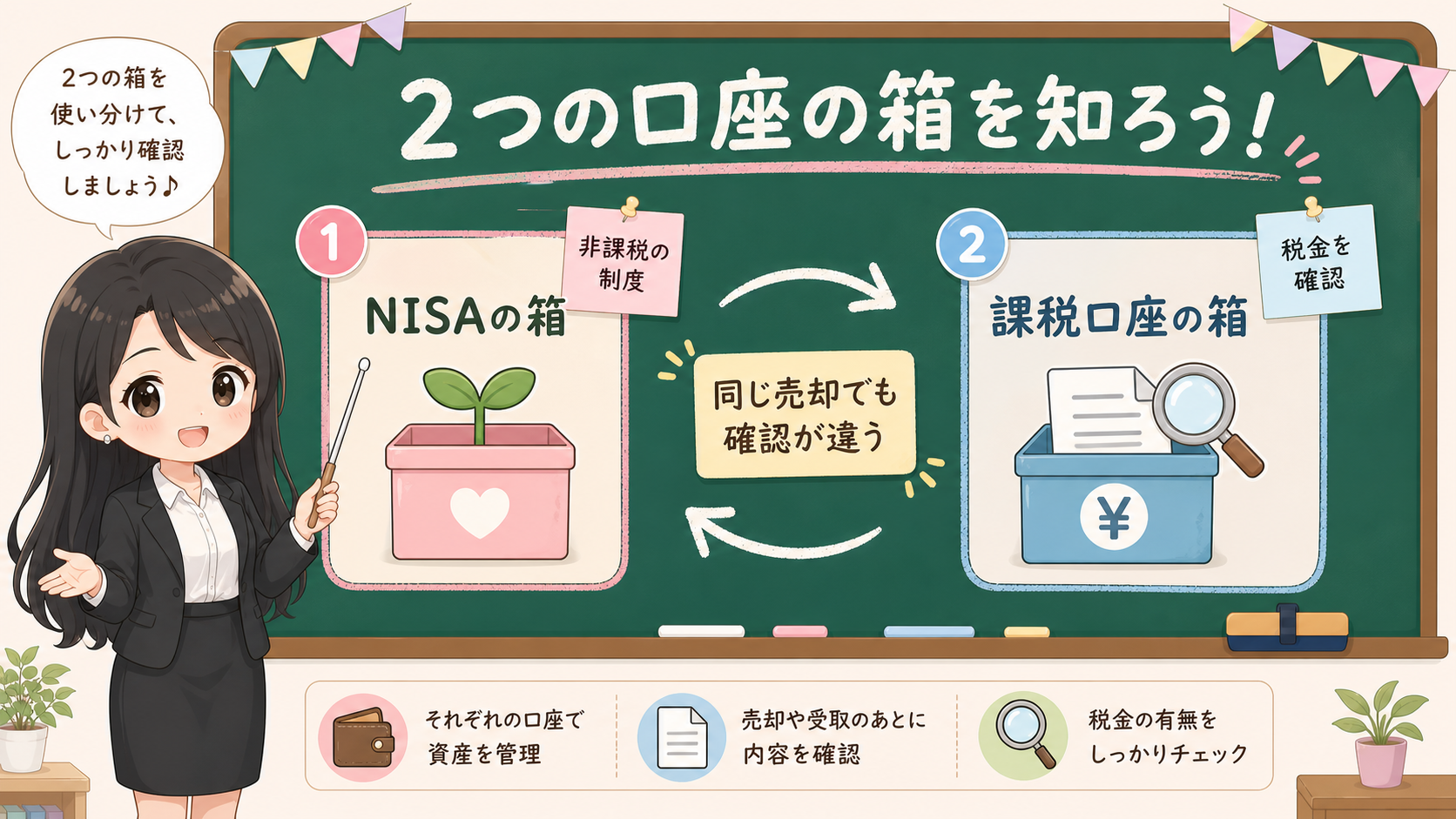 せかい先生が黒板でNISAの箱と課税口座の箱を分け、同じ売却でも確認が違うと説明する図解