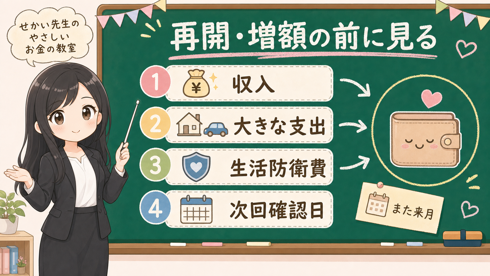 せかい先生が黒板でNISAの再開や増額の前に収入、大きな支出、生活防衛費、次回確認日を見る図解