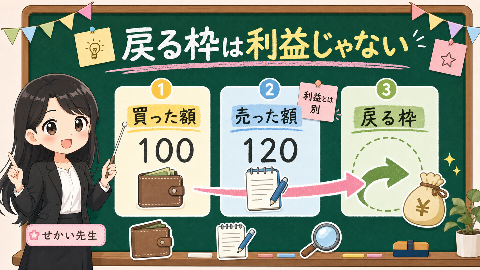 せかい先生が黒板でNISAを100万円で買って120万円で売った時に売却額と戻る枠を分ける図解