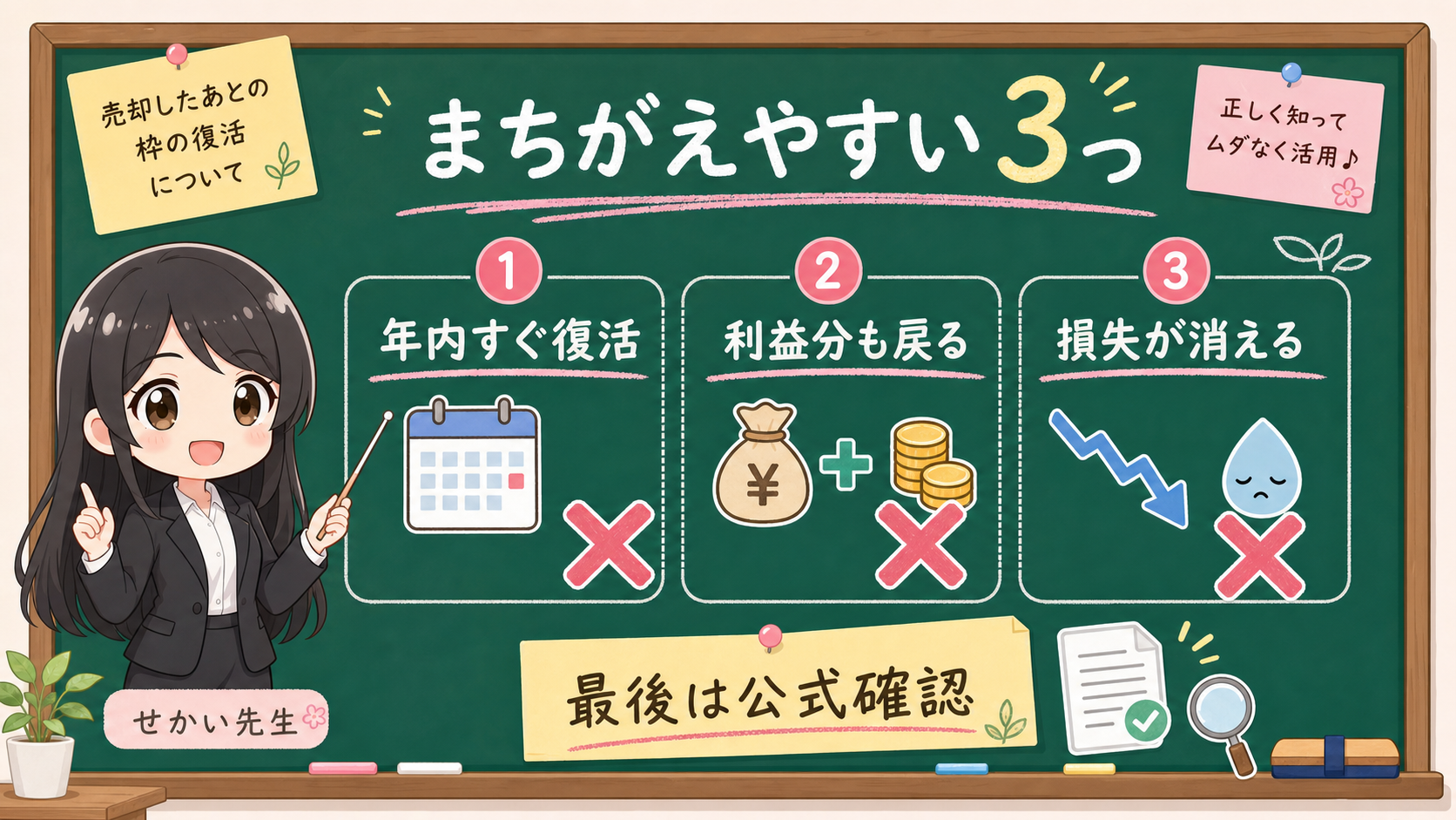 せかい先生が黒板でNISA売却後の枠復活で間違えやすい年内すぐ復活、利益分も戻る、損失が消えるを説明する図解
