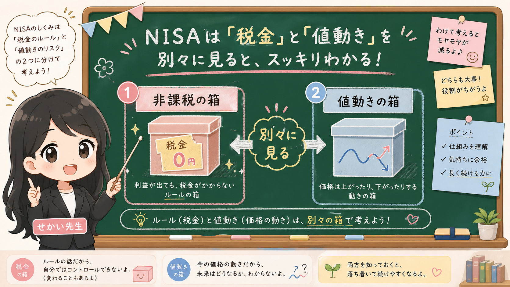 せかい先生が黒板でNISAの非課税の箱と値動きの箱を分け、別々に見ると説明する図解