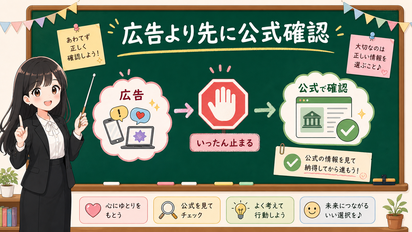 せかい先生が広告やSNSを見た後に、いったん止まり、金融庁の登録業者一覧や相談先へ戻る流れを説明する黒板図解