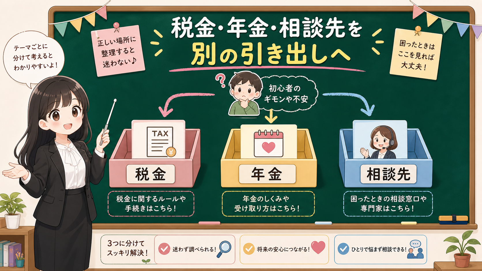 せかい先生が税金、年金、相談先を3つの引き出しに分けて説明する黒板図解
