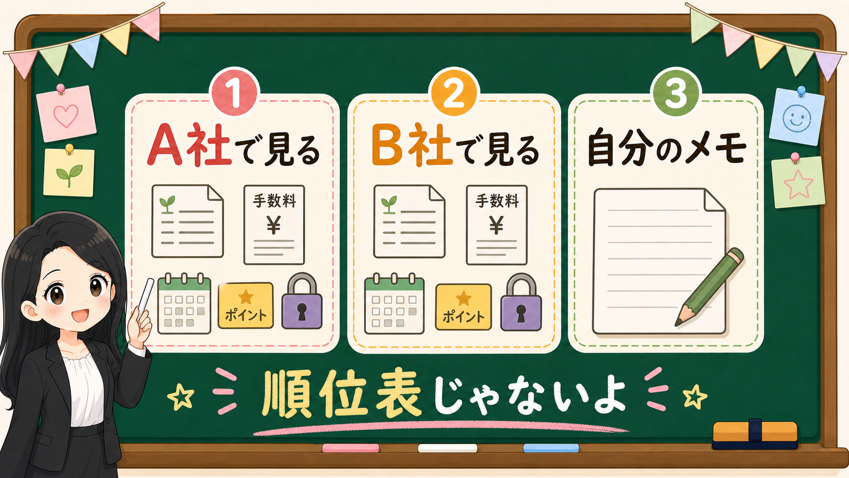 A社、B社、自分のメモを分けて公式ページを見る黒板図解